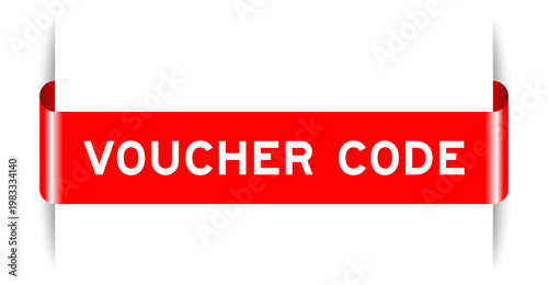 Red color inserted label banner with word voucher code on white background