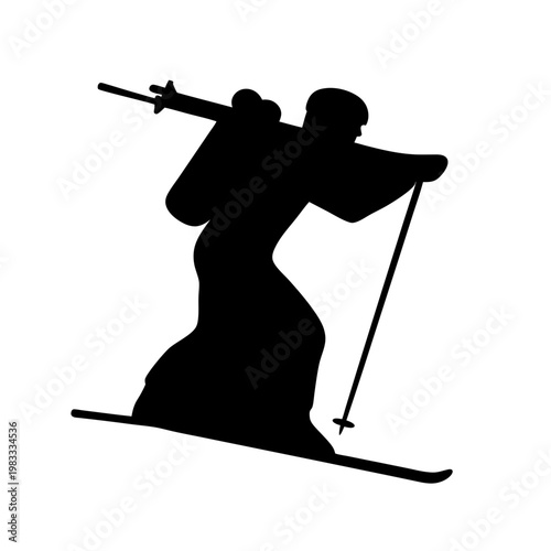 silhouette of biathlete skiing with rifle on snowy track at dusk