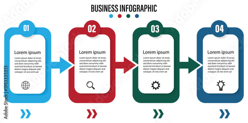 Concept of arrow business model with 4 successive steps Four colorful graphic elements. Presentation business infographic template vector.