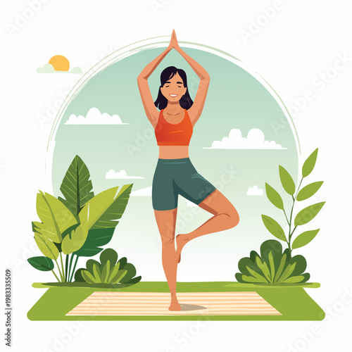 Woman practicing tree pose yoga outdoors against green backdrop
