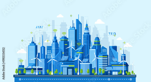 A modern, stylized illustration of a city skyline emphasizing connectivity and innovation. Perfect for marketing materials, tech blogs, or illustratin