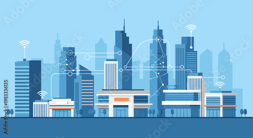 Modern, stylized illustration of a cityscape emphasizing connectivity. Suitable for depicting innovation, technology, and seamless communication in bu