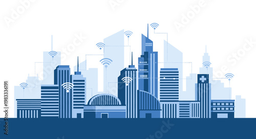 Modern, clean illustration depicting a cityscape with a Wi-Fi signal, evoking connectivity, innovation, and technological advancement for business and