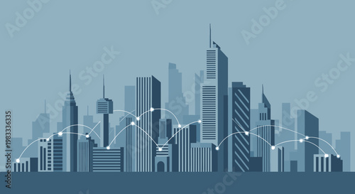 Abstract illustration showcasing upward progress and prosperity within an urban environment. Ideal for conveying success, development, and positive mo