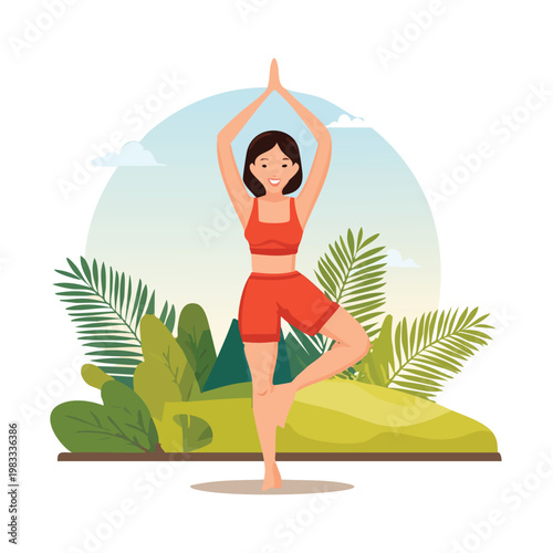 Woman practicing yoga pose outdoors surrounded by green vegetation