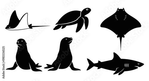 Marine Animals Silhouette Collection: Shark, Turtle, Ray, and Seals Icons, Ocean Wildlife Vector Set