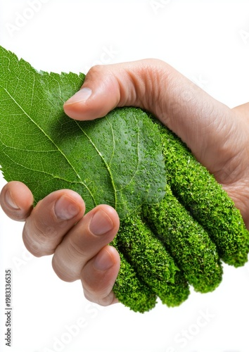 The green leaf handshake icon stands for business collaboration