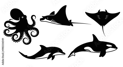 Marine Animals Silhouette Collection: Octopus, Manta Ray, Dolphin, Orca, and Stingray