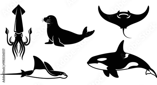 Marine Animals Silhouettes Collection: Squid, Seal, Manta Ray, Orca Icons