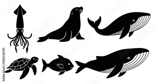 Marine Animals Silhouettes Set: Squid, Sea Lion, Whales, Turtle, and Fish Ocean Life Icons