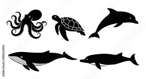 Ocean Wildlife Silhouettes: Octopus, Sea Turtle, Dolphin, and Whale Icons Set