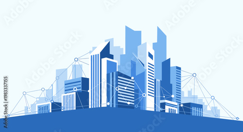 Modern graphic of a building connected by a network, evoking growth, connectivity, and innovation for business and technology applications.