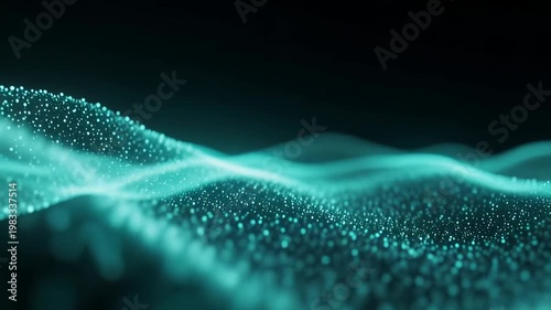 3D animation of abstract flowing particle waves changing color from gold to teal on dark background
