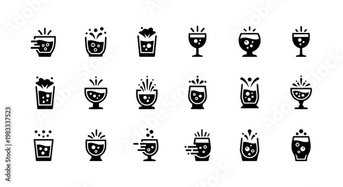 Bubbly drink and beverage icons in glasses and goblets showing effervescence and splashes for soda juices and celebratory drinks