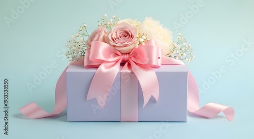 Elegant Gift Box with Pink Roses and Ribbon on Pastel Background