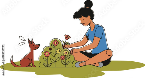 Spring Season Gardening Banner with Woman Planting Flowers and Cute Dog