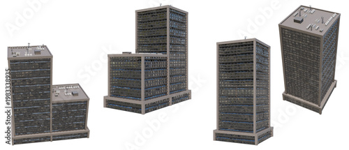 Modern skyscraper building set, 4 office tower architectural models, gray concrete and glass commercial real estate structures for urban planning isolated on White Background