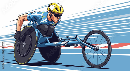 Paralympic athlete, wheelchair racing, sports icon, vector illustration, athletic competition