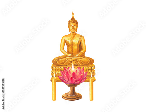 Golden Thai Buddha Statue Sitting on Throne with Blooming Pink Lotus Flower Vector Illustration