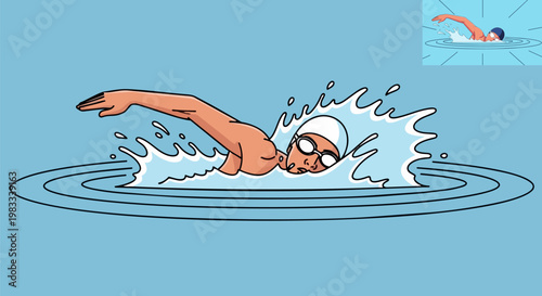 Swimming, cartoon swimmer, aquatic sports, vector illustration