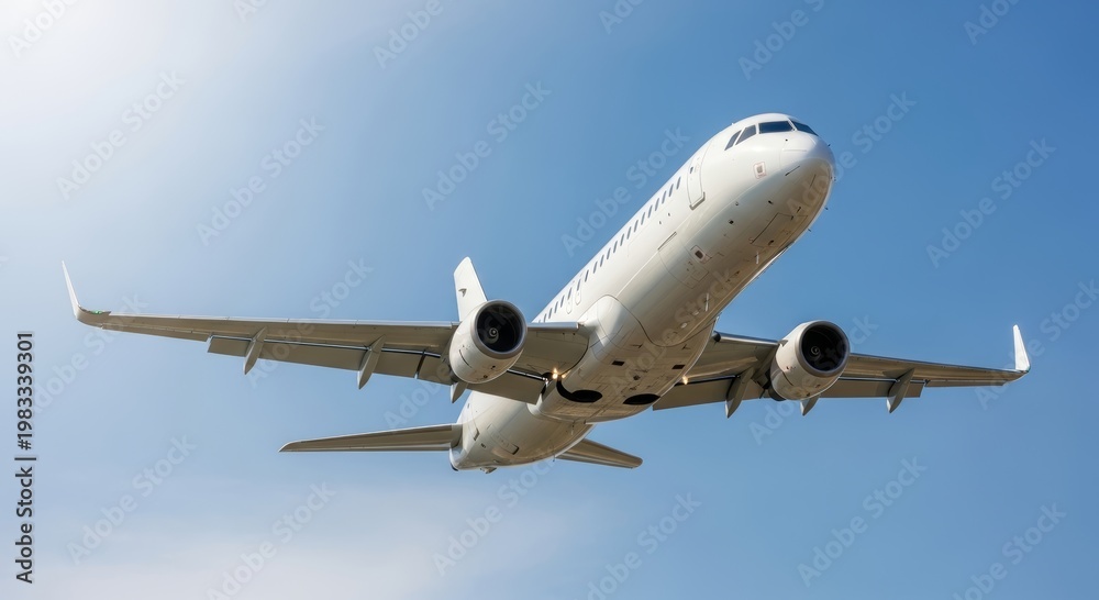 Obraz premium White commercial passenger airplane flying in blue sky. Aviation transport for international travel. Modern jet aircraft taking off or landing at airport. Tourism and global journey.