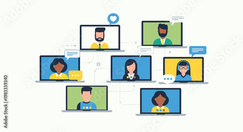 Remote team meeting, video conference icons, online collaboration, virtual communication