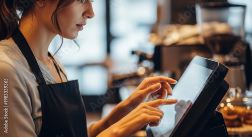 Woman barista using touch screen pos system in coffee shop. Employee processing customer order on digital tablet. Small business management, retail technology, service worker concept.