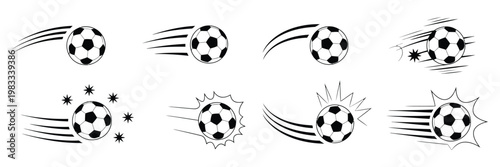 Soccer ball bounce motion line set, sketch style football movement paths with curved arcs and rebound lines, hand drawn doodle vector for sports animation