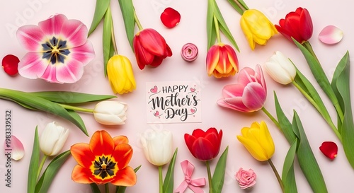 Colorful Tulips with Happy Mother's Day Message on Pink Background