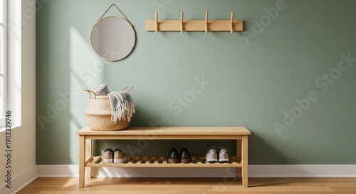 A clean mudroom setup featuring a wooden shoe bench, a round mirror, and a wall-mounted coat rack. The wall is painted a trendy sage green