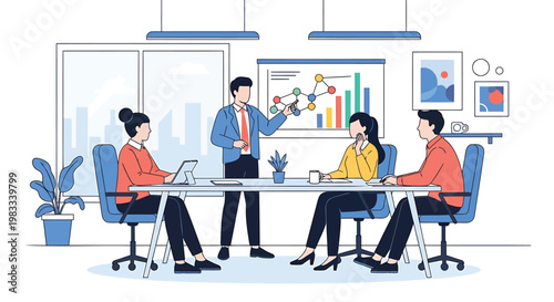 Business team meeting, office collaboration, flat design illustration, corporate people