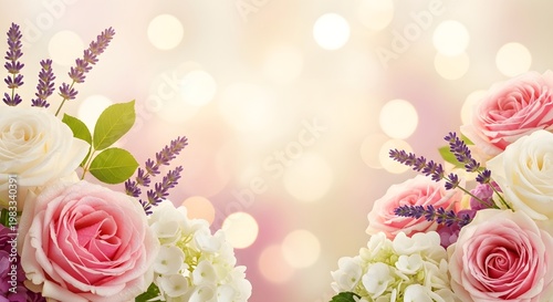 Romantic Floral Arrangement with Roses and Lavender, Soft Bokeh Background