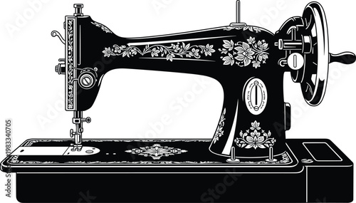 Vintage sewing machine with decorative floral pattern, classic tailoring equipment illustration, retro textile craft tool black vector isolated on white background