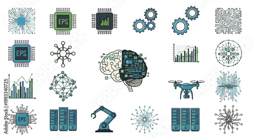 Collection of digital technology illustrations featuring circuits cogs and drone elements