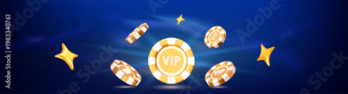  3d gold VIP poker chips. Perfect for topics related to gaming, casino, luxury, bonuses and privileges. Stock vector illustration on blue isolated background.