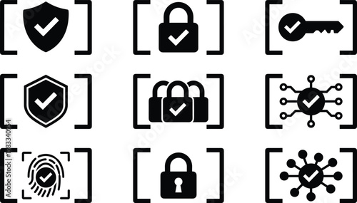 Cybersecurity icon set featuring black flat silhouettes of protected shields, padlocks, encrypted keys, biometrics, and secure network connections for digital safety.