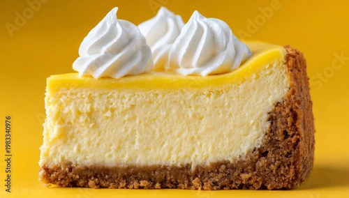 A slice of cream‑laden cheesecake floats mid‑air over a yellow background, with crumbs spilling from its base, arranged as minimalist food art in a clean studio setting, representing a sweet baked