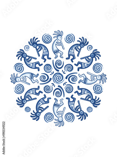 Abstract blue pattern with stylized figures and spirals  