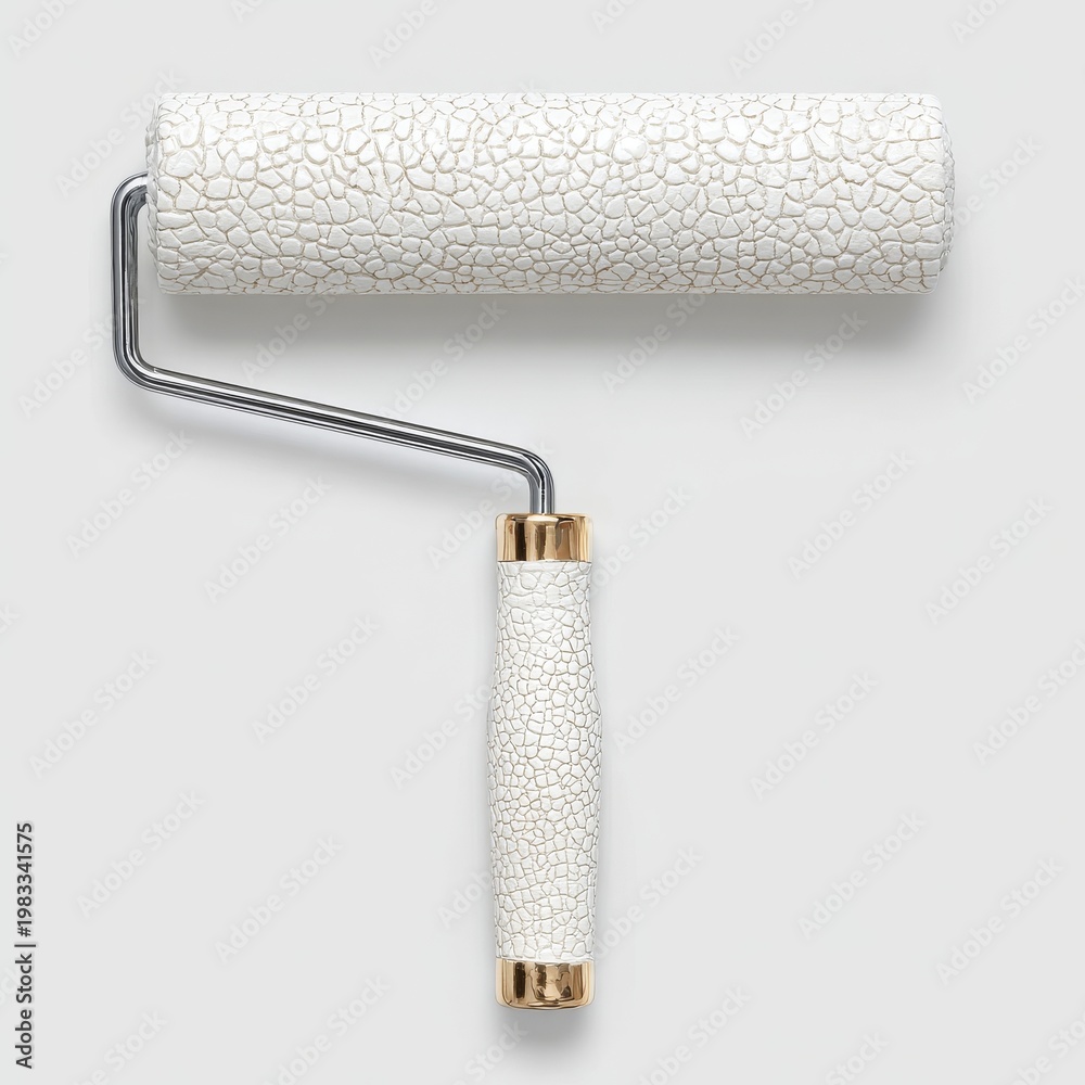 Fototapeta premium The white paint roller with its black handle stands out against a white background