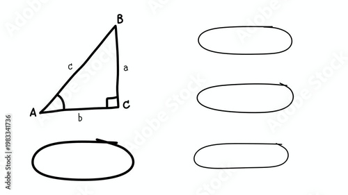 Trigonometry fundamentals and Pythagorean theorem diagram featuring sine cosine tangent formulas for a right triangle, ideal for mathematics education, physics lessons, and school textbooks
