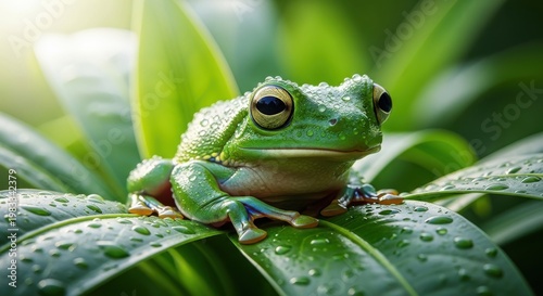A green frog sitting on a leaf with water droplets on its body and leaves