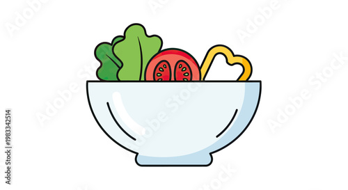 Bowl of fresh salad with lettuce, tomato slices, and yellow bell pepper rings