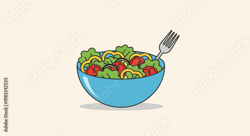 A blue bowl filled with a fresh salad and a fork