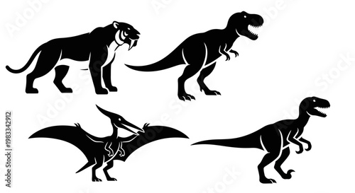 Prehistoric Creatures Silhouettes Set: Dinosaurs and Extinct Mammals Icons