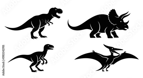 Prehistoric Dinosaur Silhouettes Set: Tyrannosaurus, Triceratops, Velociraptor, Pterodactyl Vector Icons