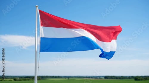 The video showcases a flag with horizontal red, white, and blue stripes waving prominently against a clear blue sky