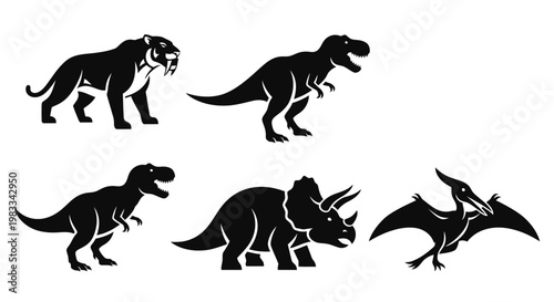 Prehistoric Dinosaurs and Sabertooth Tiger Black Silhouettes Set