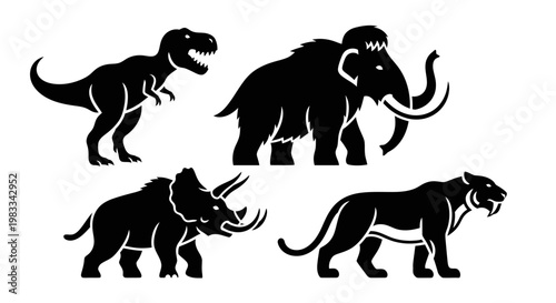 Prehistoric Extinct Animals Silhouettes Set: Dinosaur, Mammoth, Triceratops, Saber-toothed Tiger