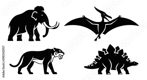 Prehistoric Extinct Animals Silhouettes Set: Mammoth, Saber-toothed Tiger, Pterodactyl, Stegosaurus