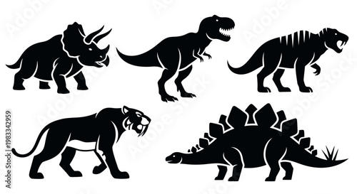 Prehistoric Dinosaurs and Ancient Animals Silhouettes Set - Vector Illustration